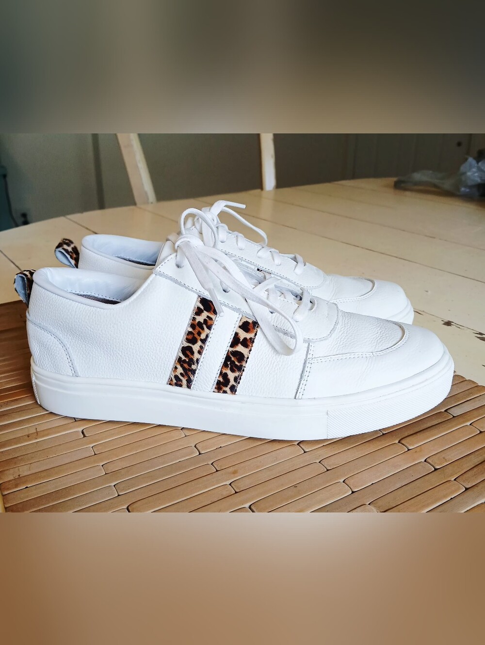 Kaanas Womens White Leather Sneaker with Leopard Stripe Accent